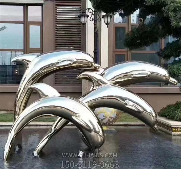 四只水上跳跃的不锈钢抽象海豚雕塑