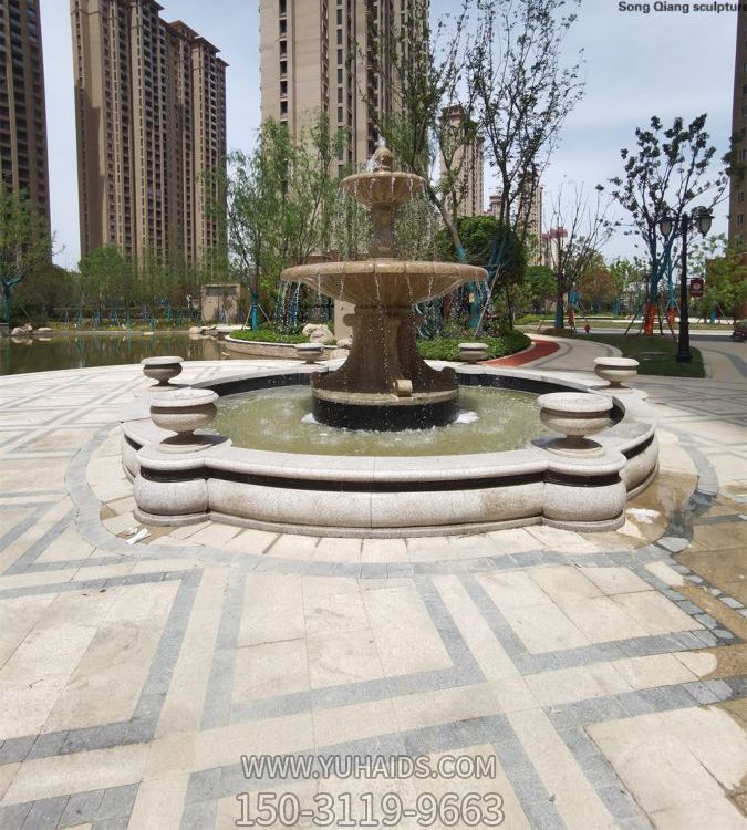 小区花园摆放黄锈石喷泉流水景观雕塑
