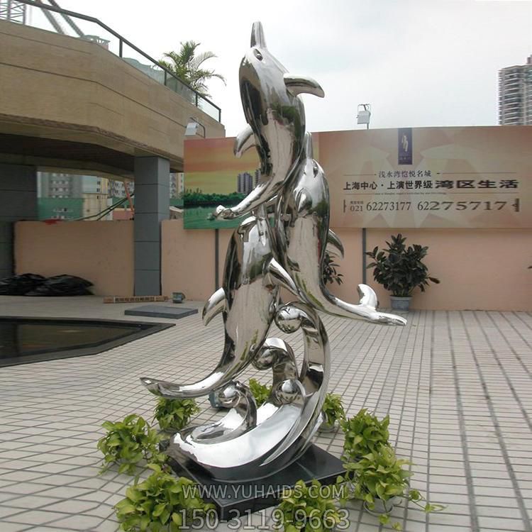 校园喷泉不锈钢镜面跳跃的海豚景观雕塑
