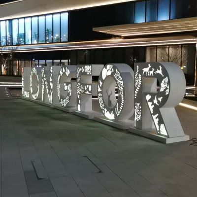 商场户外摆放灯光不锈钢镂空字符标识雕塑
