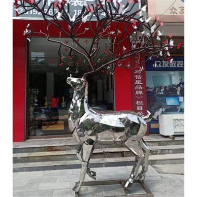城市路边不锈钢镜面抽象梅花鹿雕塑