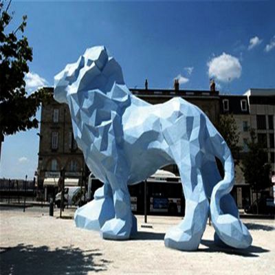 户外大型玻璃钢几何抽象蓝色狮子雕塑
