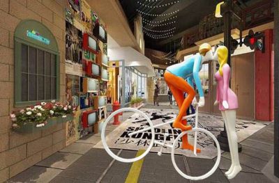 商厦街道玻璃钢彩绘男子骑车亲吻的爱情雕塑