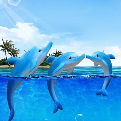 水中三只蓝色玻璃钢海豚雕塑