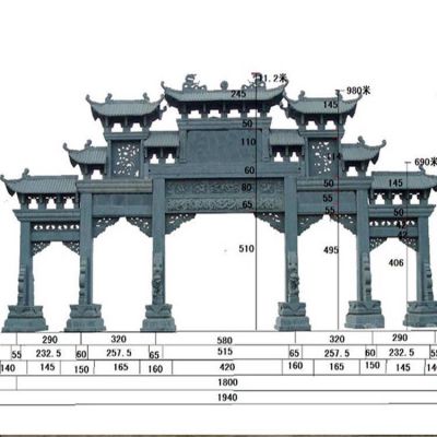 青石浮雕镂空仿古建筑大型五门牌坊寺院园林石雕