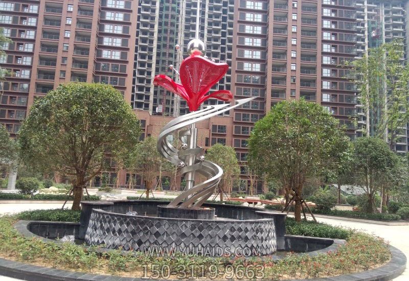 小区不锈钢抽象旋转绽放的花朵雕塑