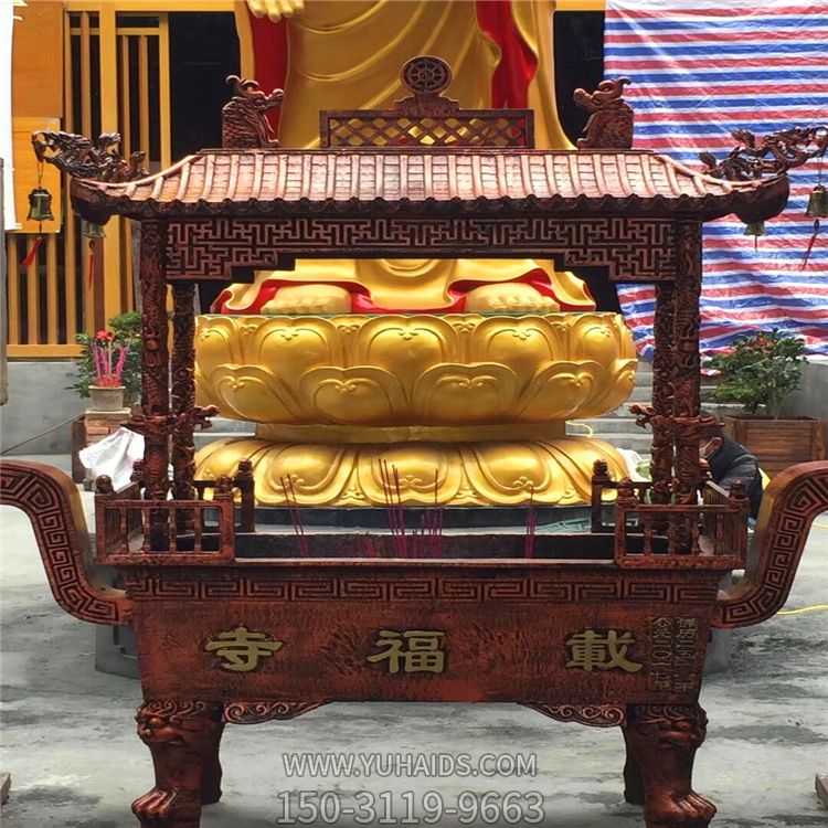 佛教寺庙摆放全铜浮雕四龙柱香炉雕塑