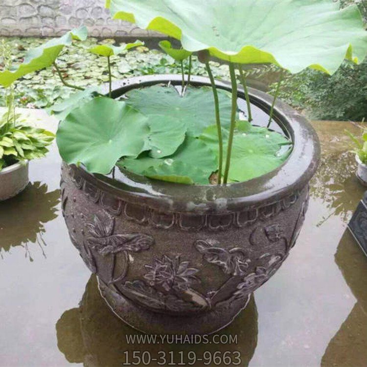 青石仿古石鱼缸 庭院别墅家用石雕花盆摆件 雕塑