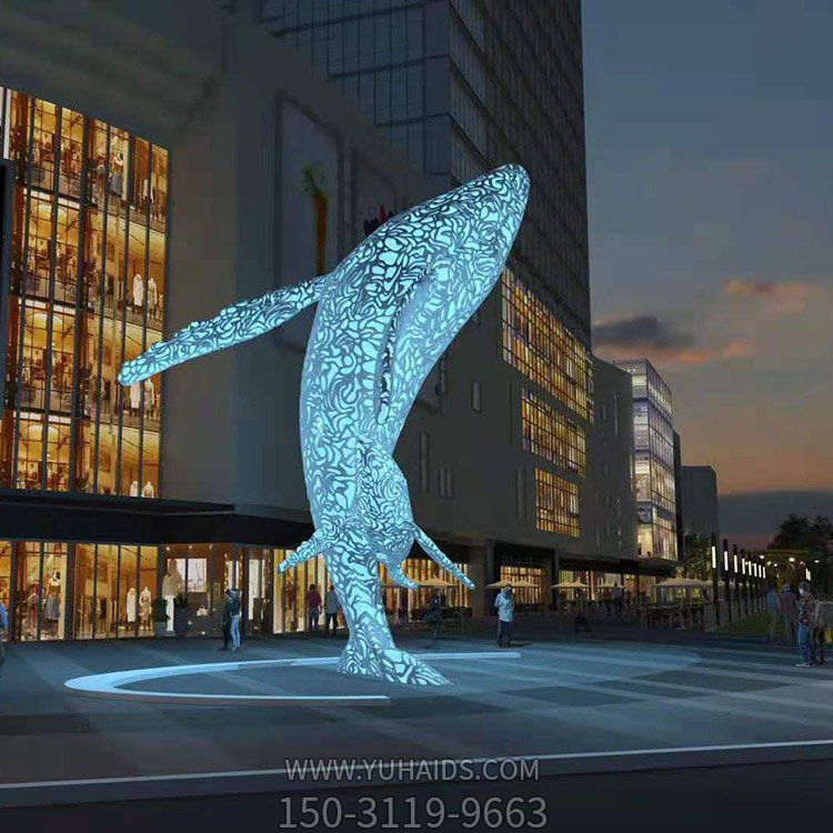 商场户外摆放大型不锈钢镂空亮化灯光鲸鱼雕塑