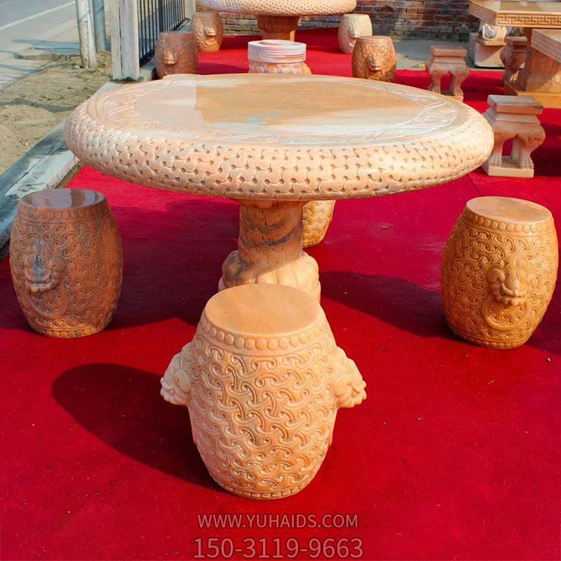 晚霞红浮雕圆桌别墅庭院摆放休闲石桌圆凳雕塑