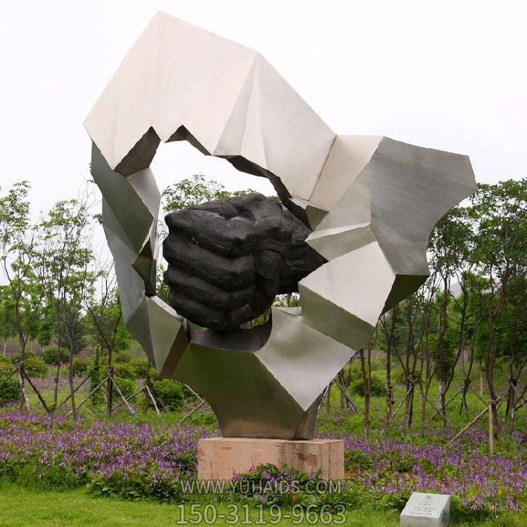 不锈钢几何块面抽象拳头景观摆件雕塑