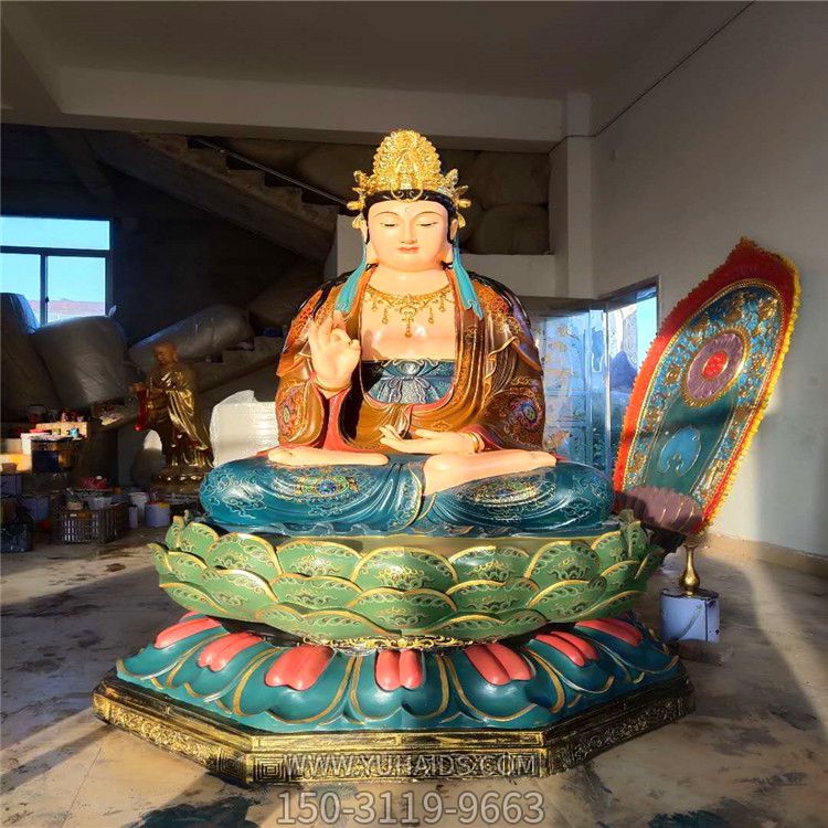 玻璃钢彩绘坐在莲花上的三圣雕塑