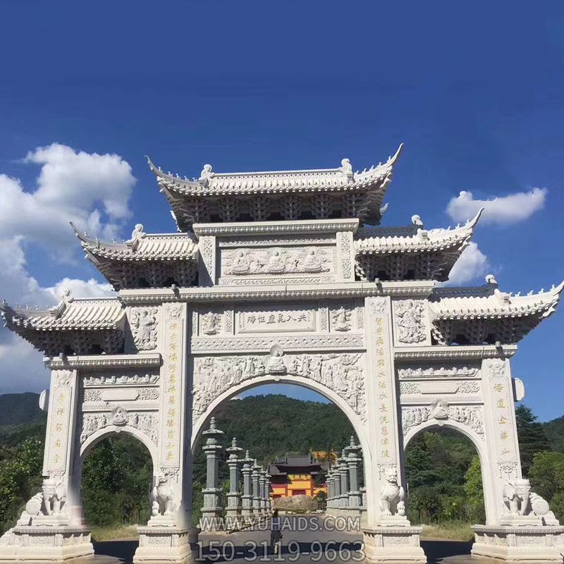 大型汉白玉寺院景区三门石雕牌楼雕塑