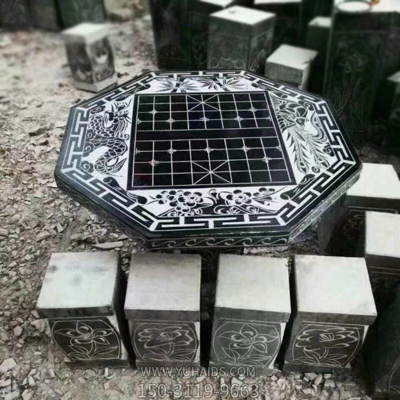庭院公园化外摆放大理石雕刻象棋盘格花纹棱形石桌方凳雕塑