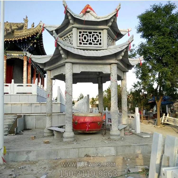 寺院摆放青石浮雕二层古建景观凉亭雕塑