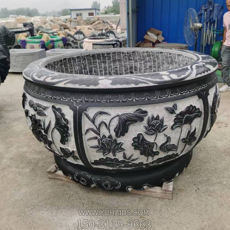 石雕青石荷花盆 石头圆缸庭院造景流水摆件雕塑