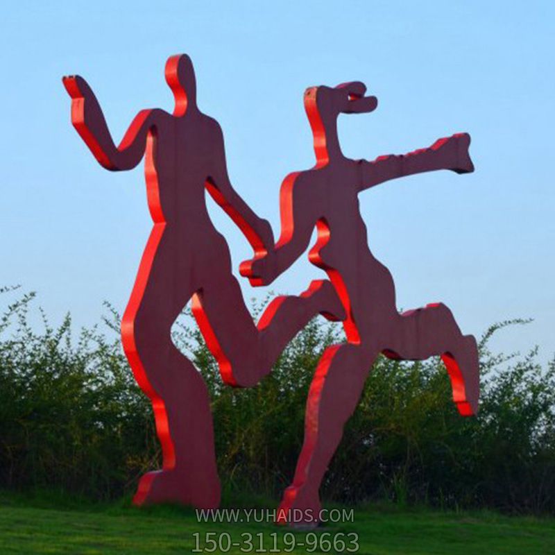 公园运动人物奔跑的剪影情侣雕塑