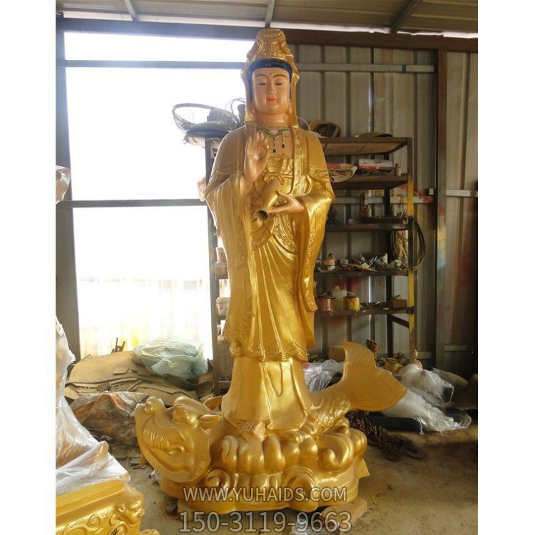寺庙玻璃钢贴金大型寺院供奉观音菩萨雕塑