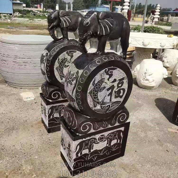 青石石雕大型门口一对大象抱鼓石雕塑