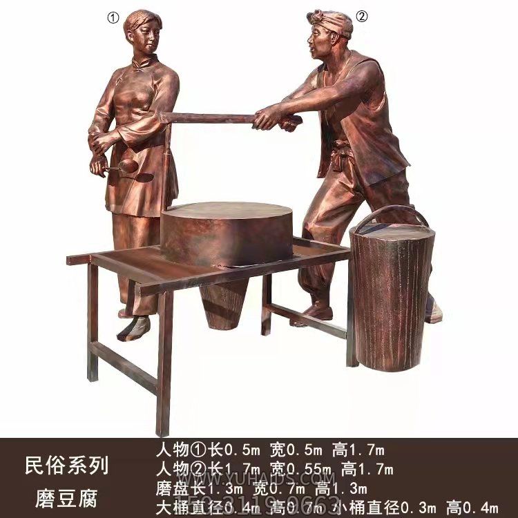 景区摆放玻璃钢民俗磨豆腐人物雕塑