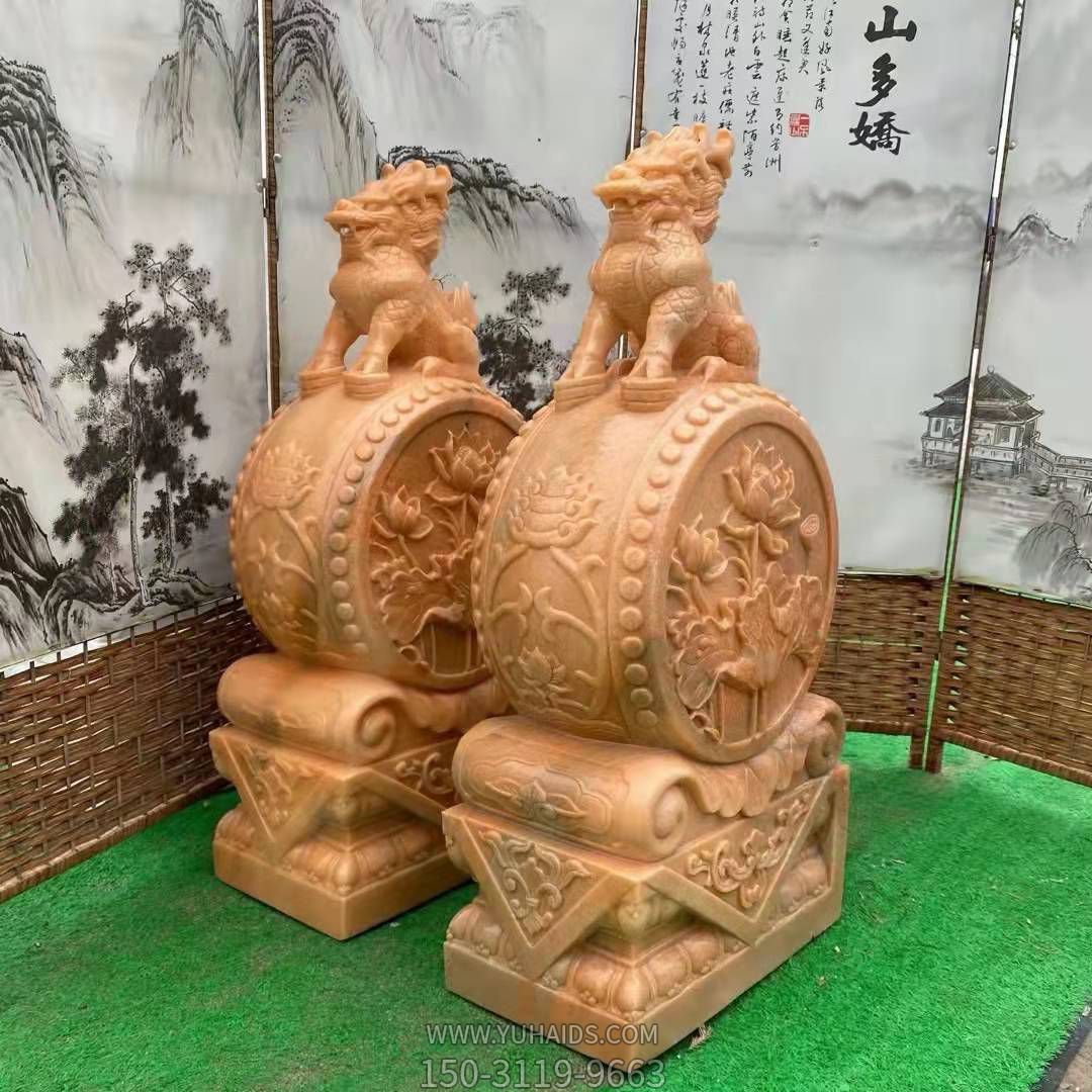 麒麟抱鼓石,晚霞红荷花门墩雕塑