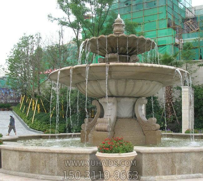 黄锈岩天然石材雕刻欧式小区别墅二层喷泉流水水钵雕塑