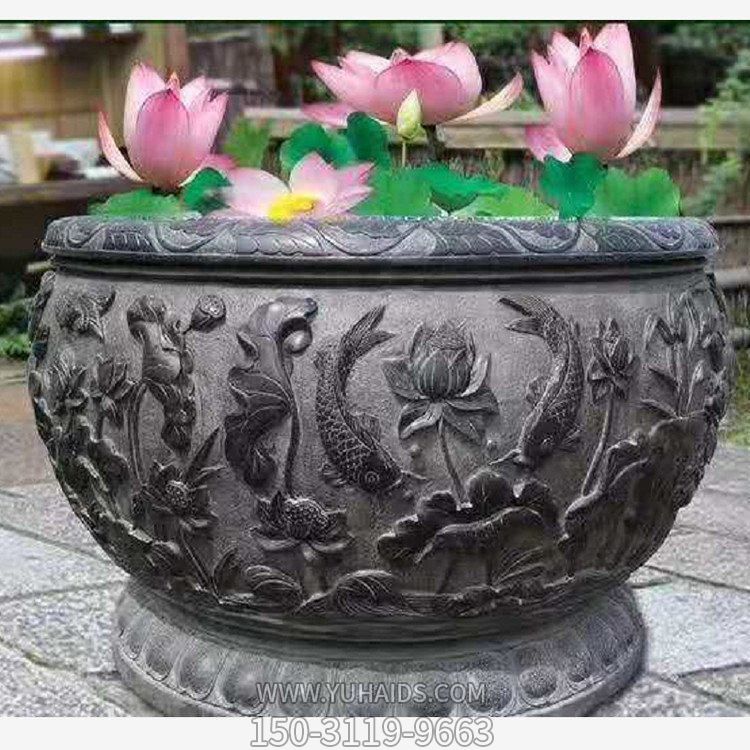别墅摆放青石雕刻养鱼荷花水缸雕塑