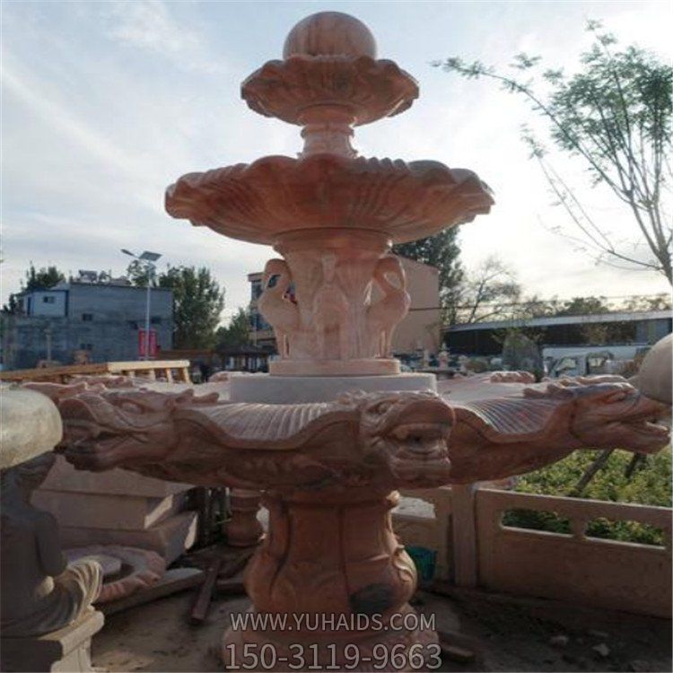 庭院装饰大理石晚霞红雕刻三层中式流水喷泉水钵雕塑