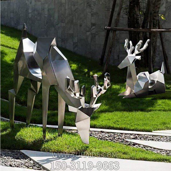 不锈钢切面几何鹿城市园林草地小品雕塑