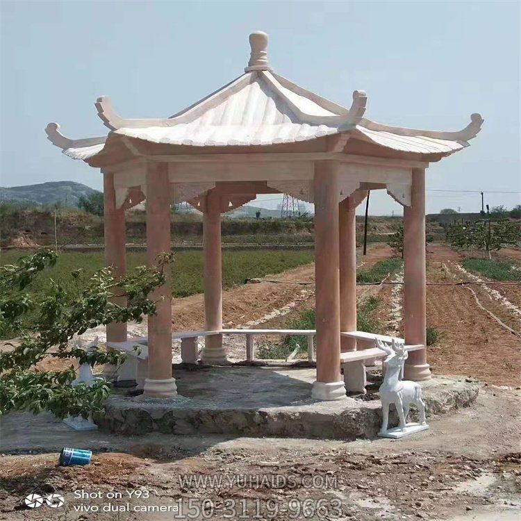 晚霞红大理石雕刻园林村庄摆放六角凉亭雕塑