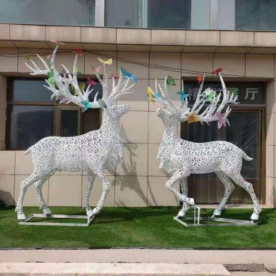 户外庭院商场镂空抽象鹿不锈钢发光景观雕塑