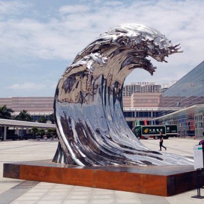 广场大型不锈钢镜面海浪雕塑