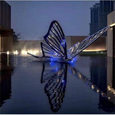 酒店会所水池水景不锈钢发光镂空大型蝴蝶景观