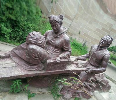 公园广场独轮车推媳妇的古人红铜雕塑