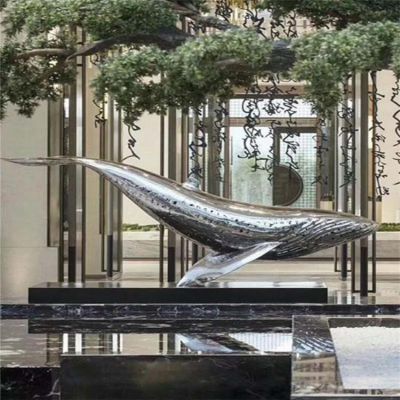会所饭店水景摆件不锈钢创意镜面鲸鱼雕塑
