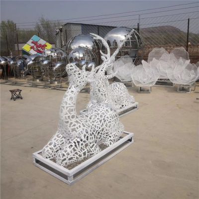 不锈钢户外园林景观抽象动物梅花鹿雕塑