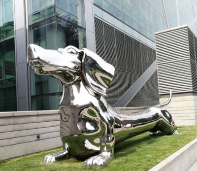 景区别墅创意不锈钢抽象镜面狗雕塑