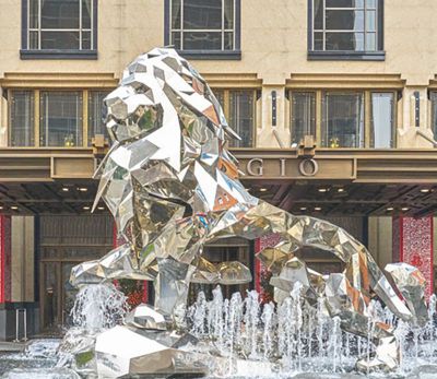 城市街道创意不锈钢几何狮子雕塑