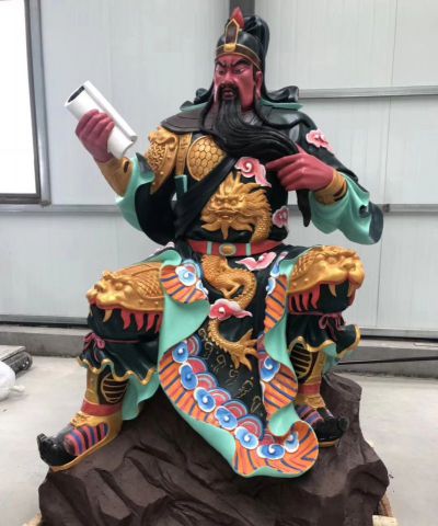 景点大型玻璃钢彩绘看书的关公雕塑