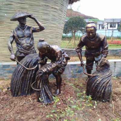  民俗耕田农业摆件玻璃钢仿铜雕塑  农民丰收主题雕塑