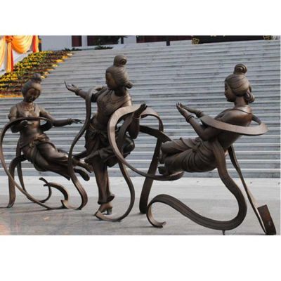 城市文化广场摆放玻璃钢仿铜古代飞天舞蹈人物雕塑