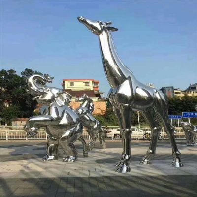 不锈钢镜面抛光 城市广场街边大象长颈鹿动物雕塑