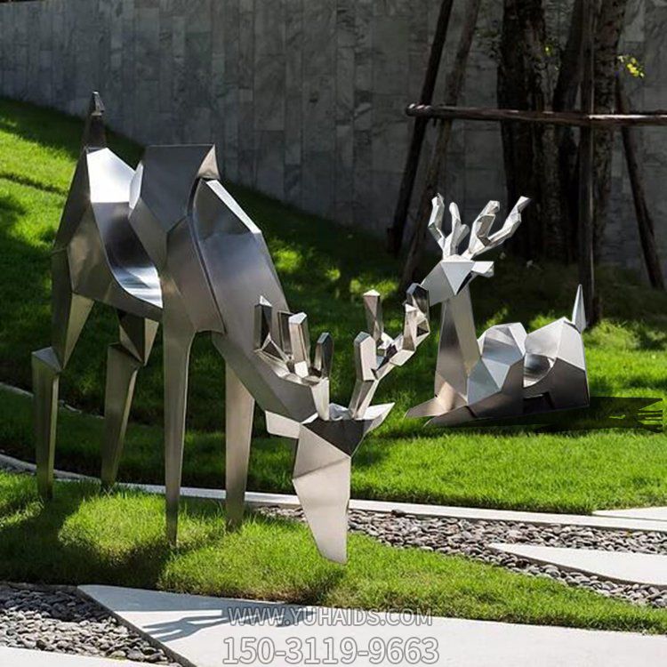 公园售楼部草地不锈钢几何抽象梅花鹿动物小品雕塑