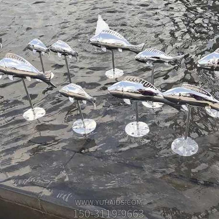 镜面不锈钢抽象创意喷泉摆件小鱼雕塑