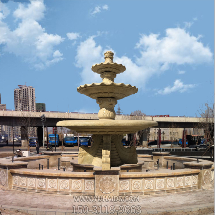 黄锈石城市广场三层喷泉流水钵雕塑