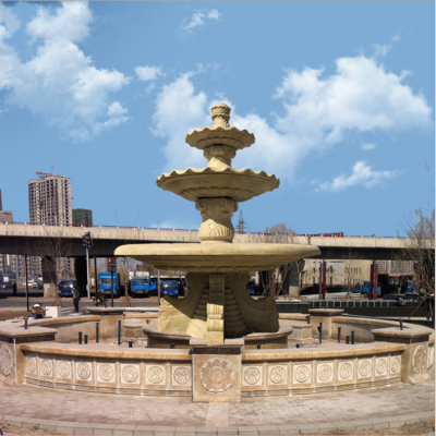 黄锈石城市广场三层喷泉流水钵