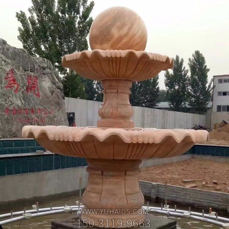 企业喷泉摆放天然晚霞红二层风水球流水水钵雕塑