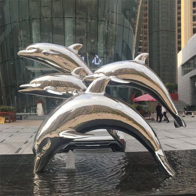城市广场户外喷泉不锈钢镜面飞跃海豚群水景雕塑