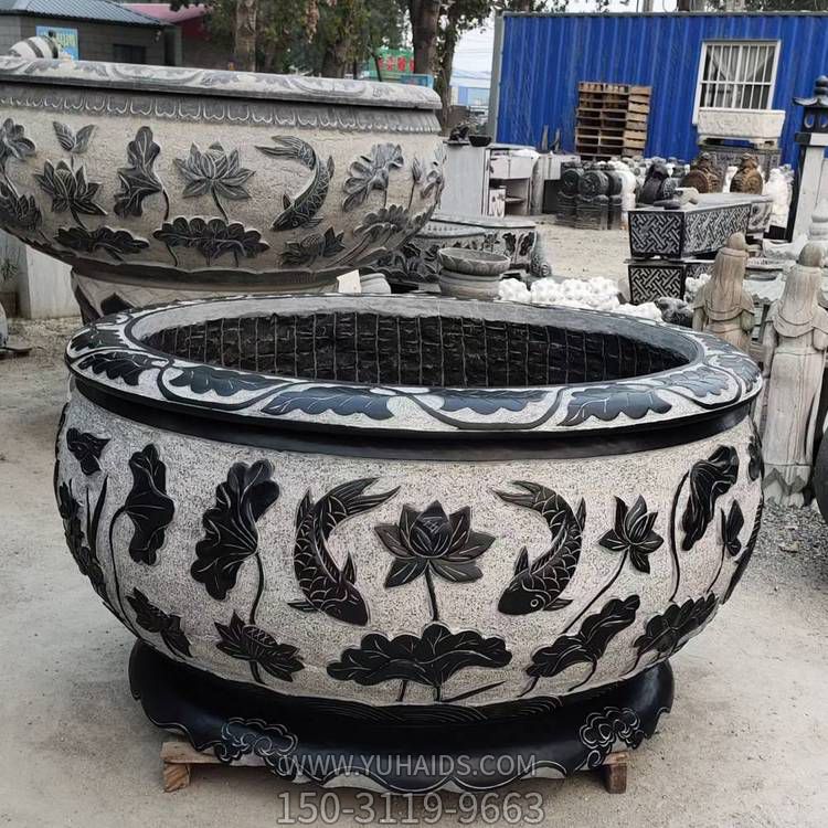 天然青石仿古石雕鱼缸花盆 庭院荷花缸户外花园养鱼池水缸雕塑