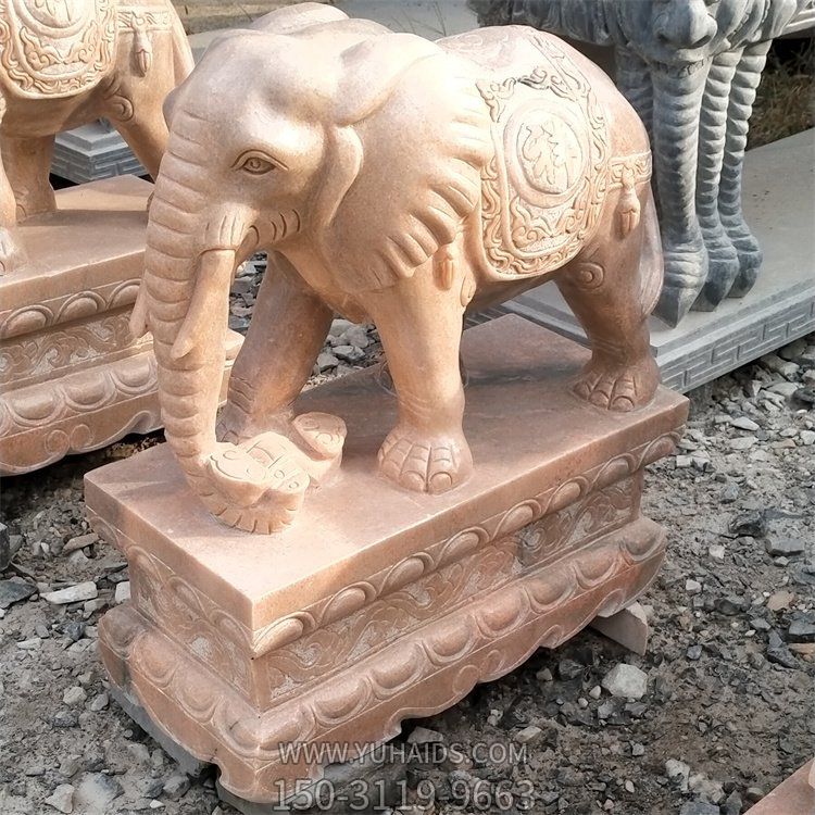 晚霞红大理石浮雕公司门口摆放大象石雕雕塑